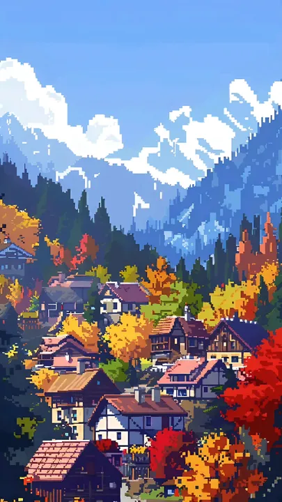 Autumn village with mountains