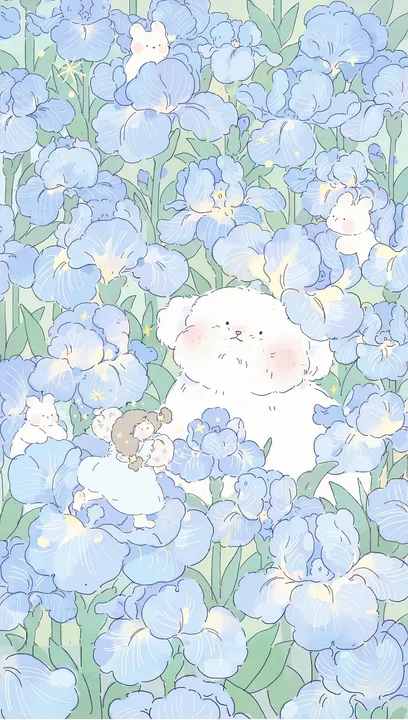 Bear and girl in an iris flower field
