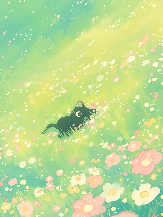 Black cat in a field of flowers