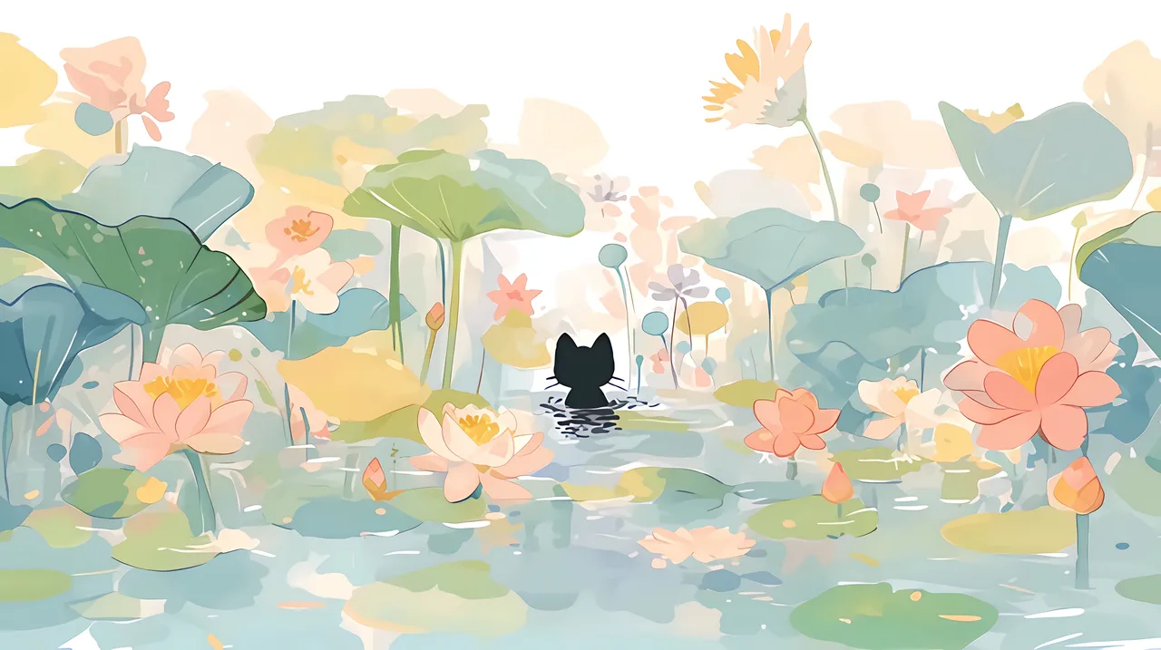 Black Cat in Lily Pond