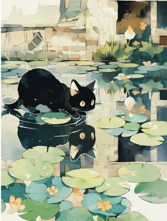 Black Cat in the Lily Pond
