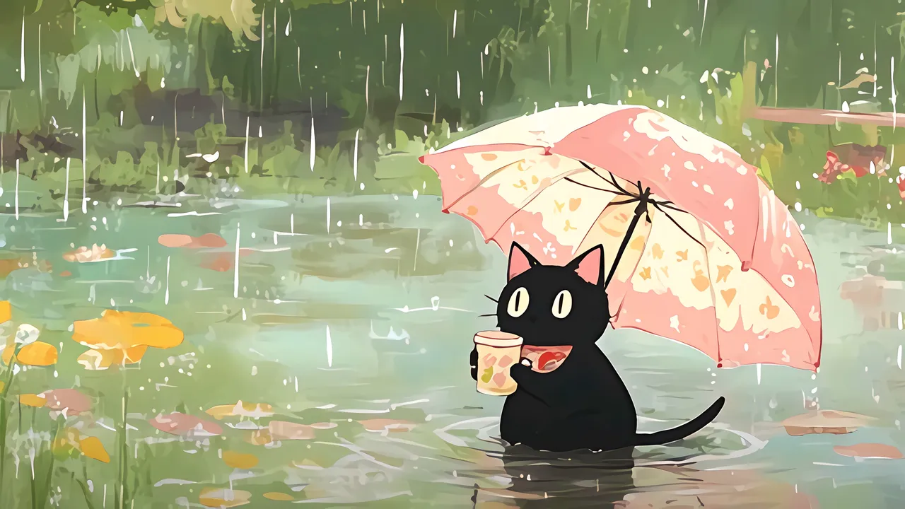 Black Cat's Rainy Pond Moment