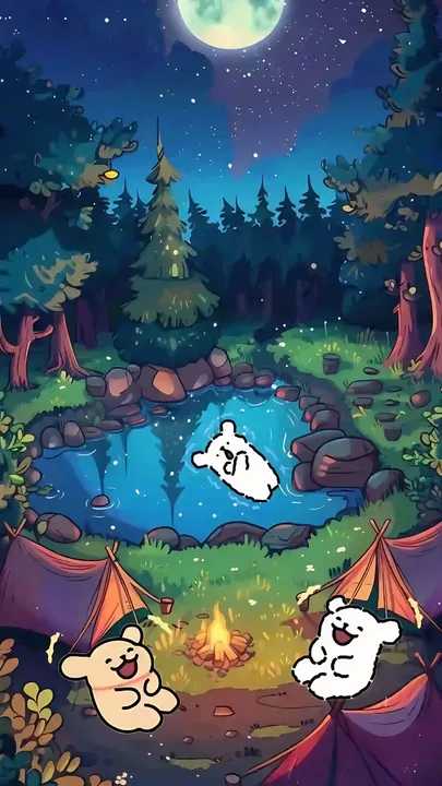 Camping scene with dogs by a lake