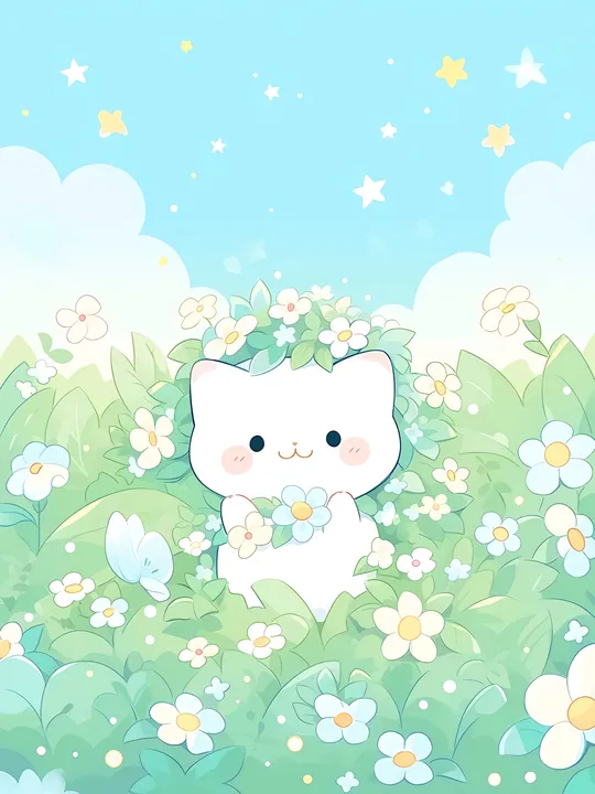 Cat in Floral Meadow with Stars