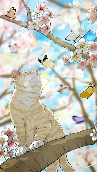 Cat on a Sakura Tree with Butterflies