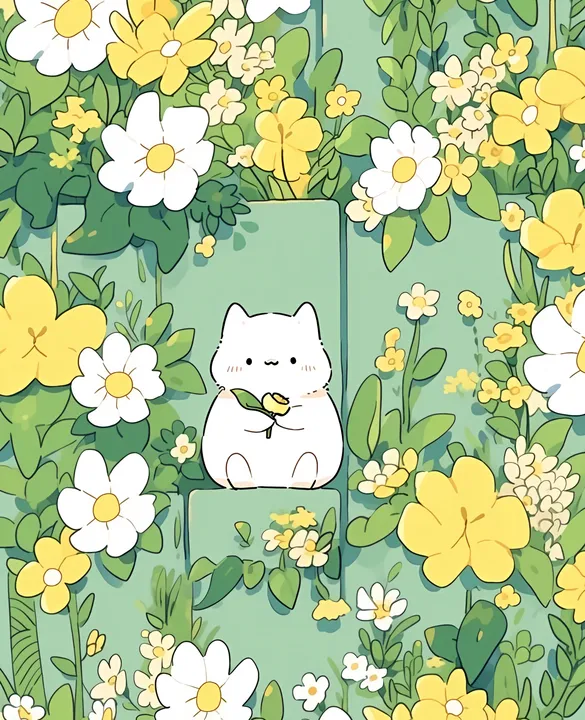 Cat on a wall with yellow and white flowers