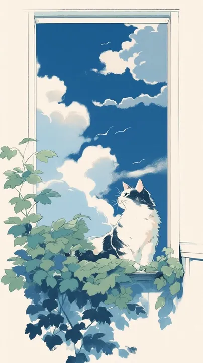 Cat on a windowsill with greenery