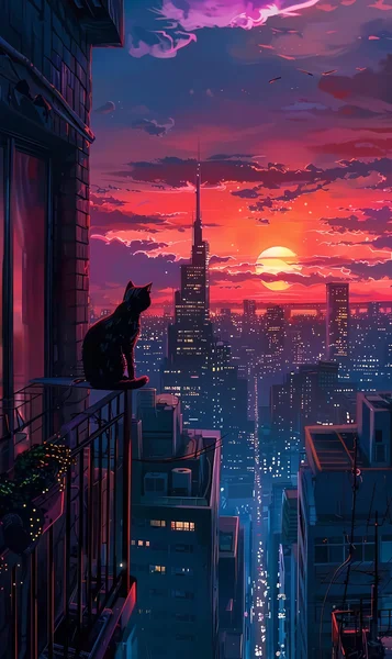 Cat on Balcony at City Sunset