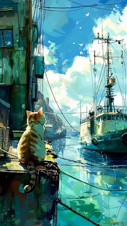 Cat overlooking coastal town