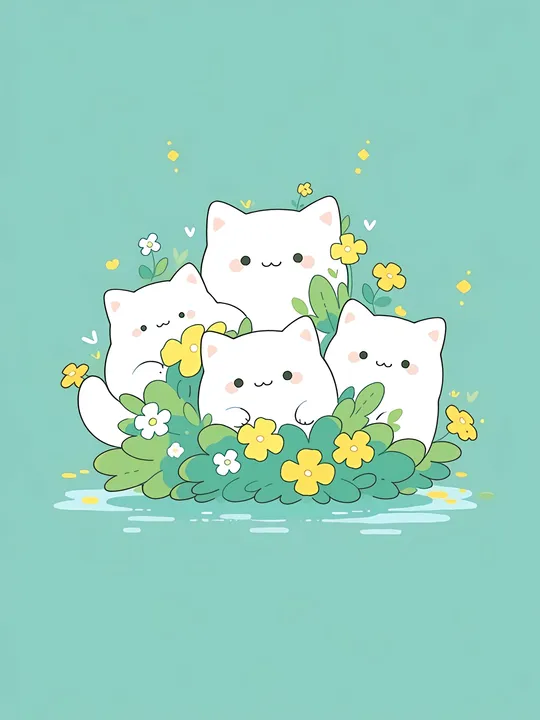 Cat Quartet in Flower Nest
