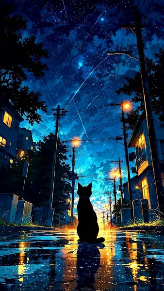 Cat Watching Meteor Shower on Rainy Street
