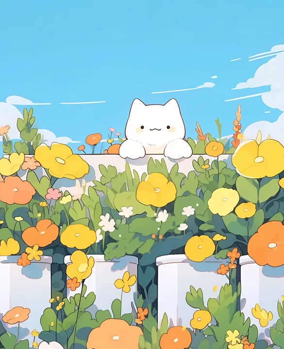 Cat with Flower on Floral Wall