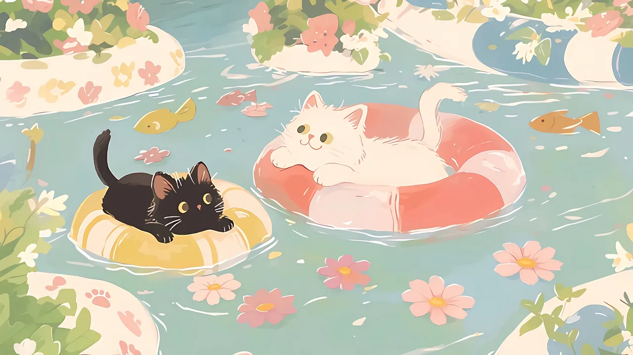Cats Floating in Floral Pond