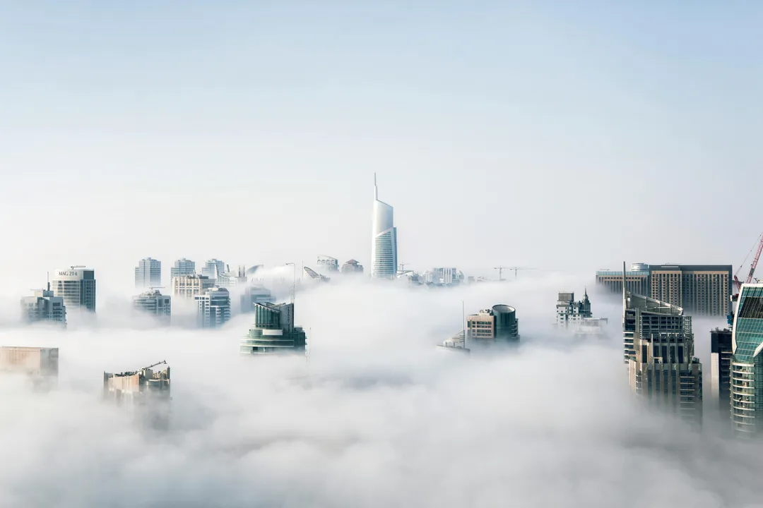 City skyline in fog