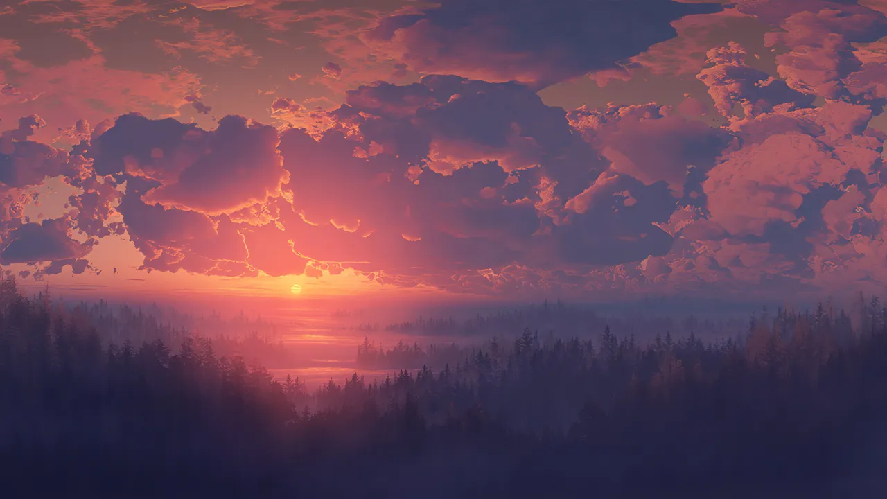 Cloudy sunset over forest