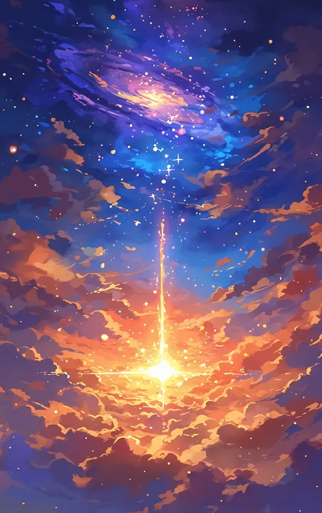 Cosmic scene with a shooting star and clouds