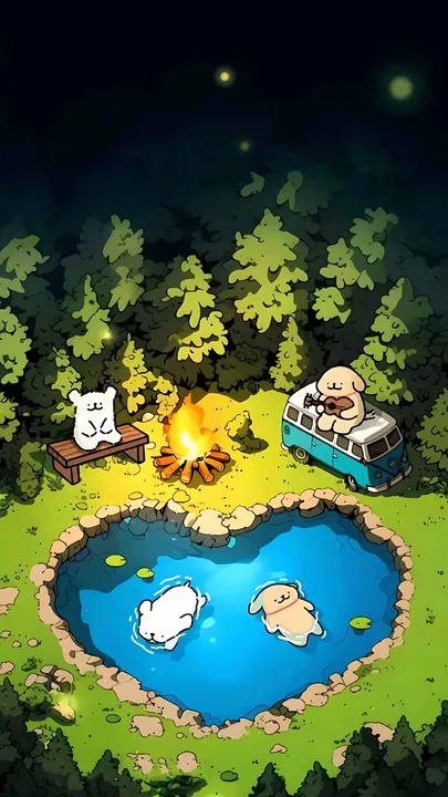 Cute bears camping by a lake