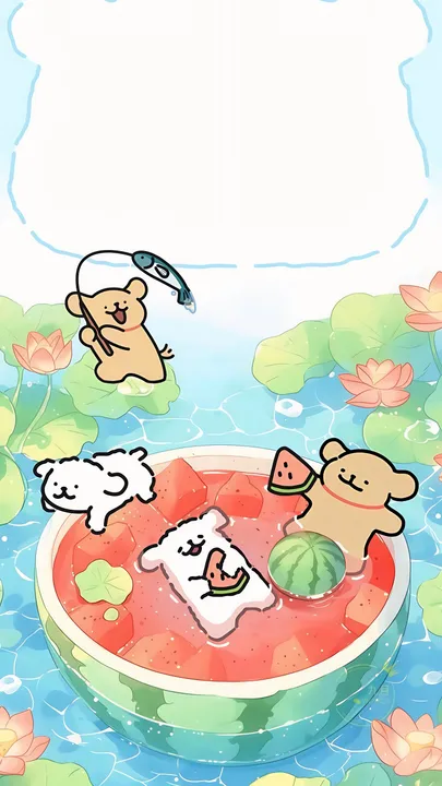 Cute bears in a watermelon with lotus flowers