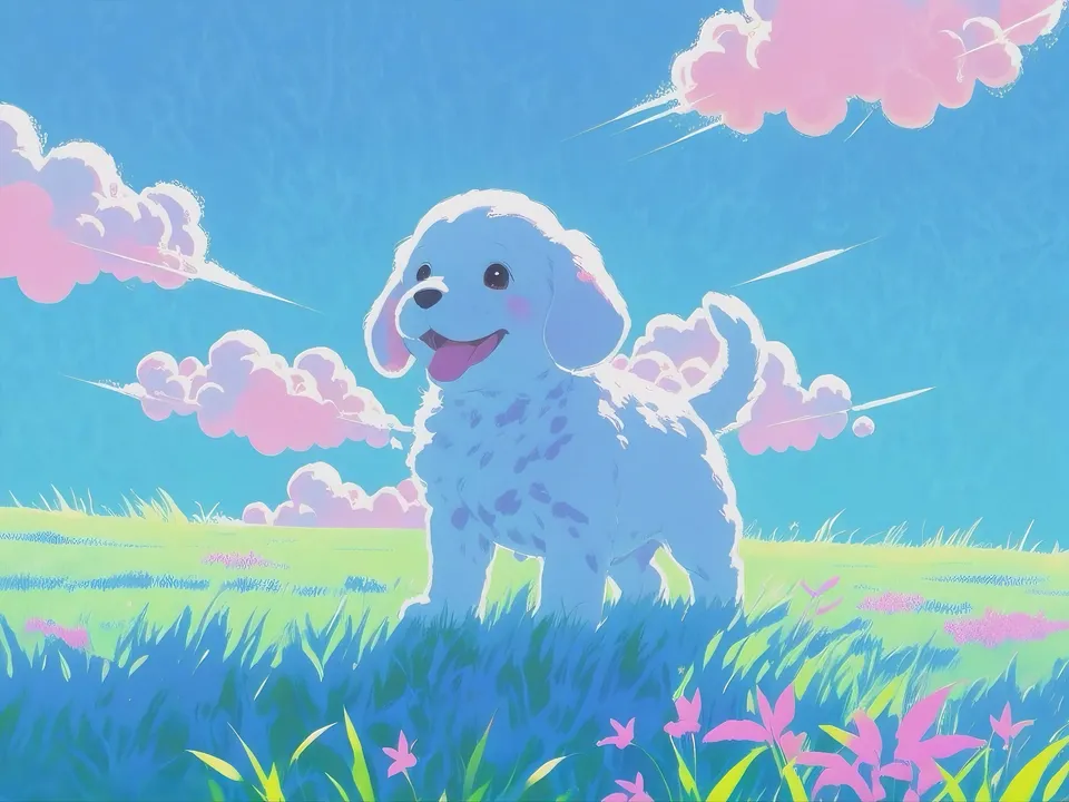 Dog in a field with colorful clouds