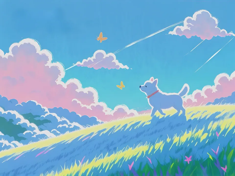 Dog on a hill with butterflies and clouds