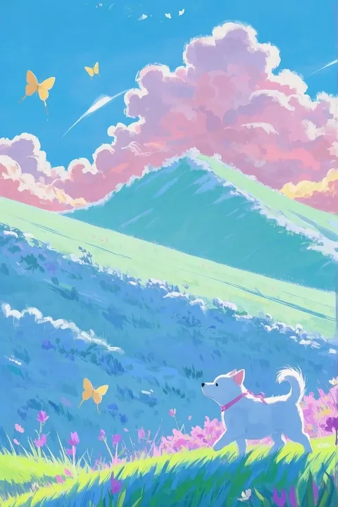 Dog on a hill with mountain backdrop