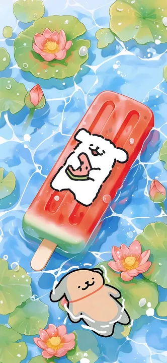 Dog on popsicle in lily pond