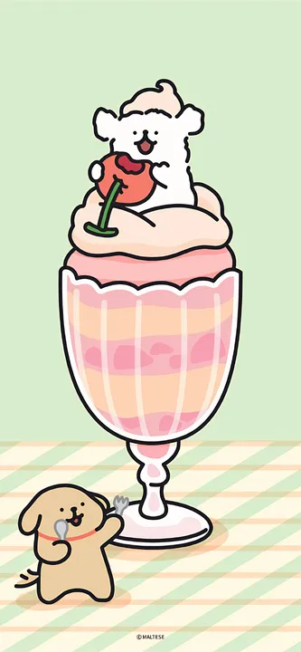 Dog with a dessert, another with a cherry