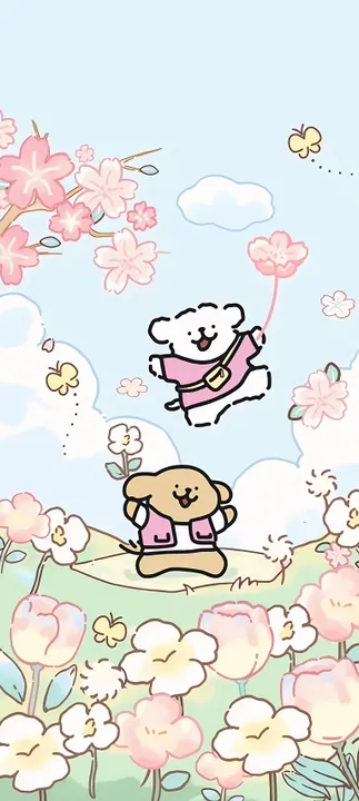 Dog with balloon in a flower field