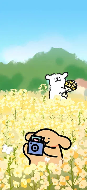 Dog with camera in flower field