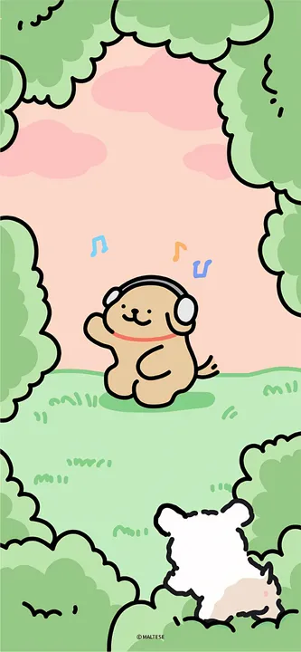 Dog with headphones in a forest