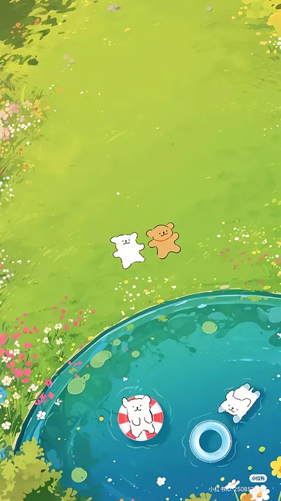 Dogs by a pond in a grassy field