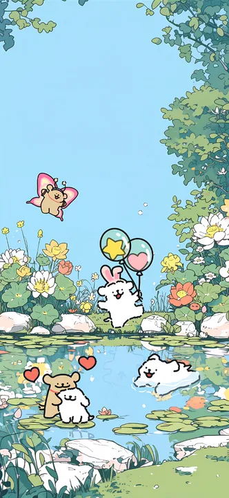 Dogs by a pond with balloons