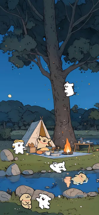 Dogs camping by a campfire