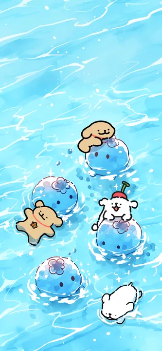 Dogs floating on blue balls in water