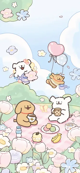 Dogs having a picnic with balloons