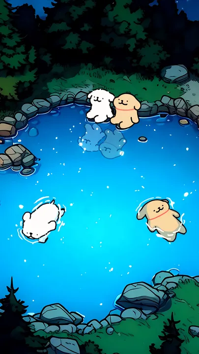 Dogs in a pond under the night sky