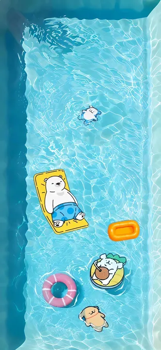 Dogs in a pool with various floats