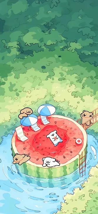 Dogs in a watermelon pool with umbrellas