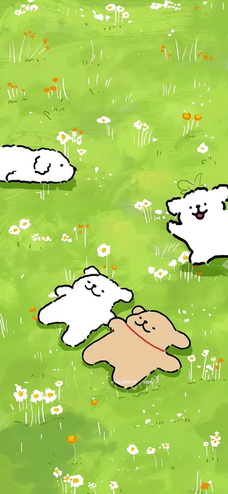 Dogs in grassy field with daisies