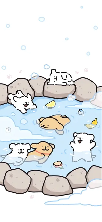 Dogs in hot spring with fruits