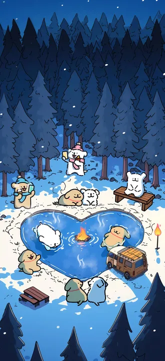 Dogs in night forest hot spring