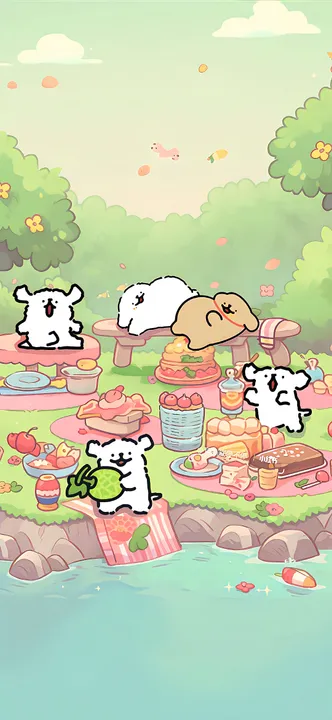 Dogs in picnic by the river