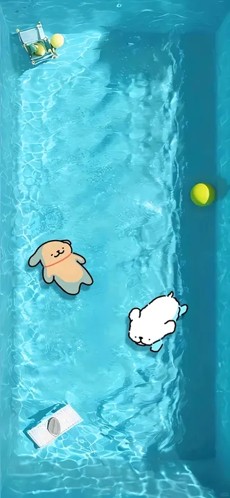 Dogs in pool with chair and ball