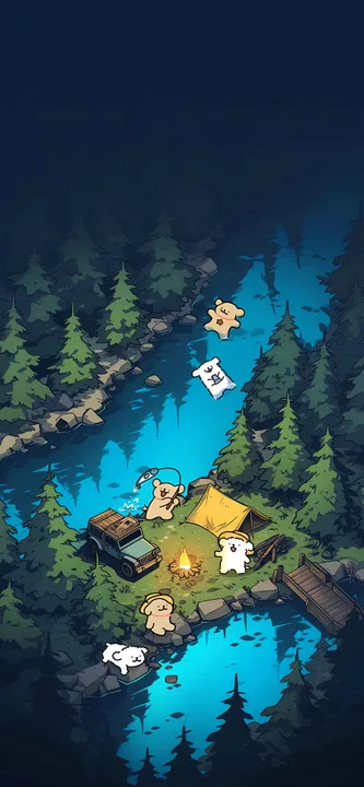 Dogs in river camping scene