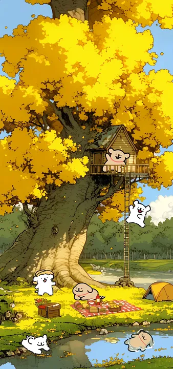 Dogs in treehouse with picnic