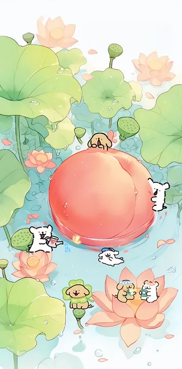 Dogs on a peach in a lotus pond