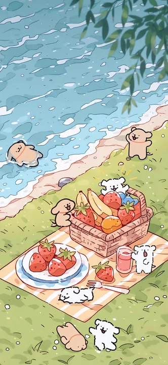 Dogs on a picnic by the lake