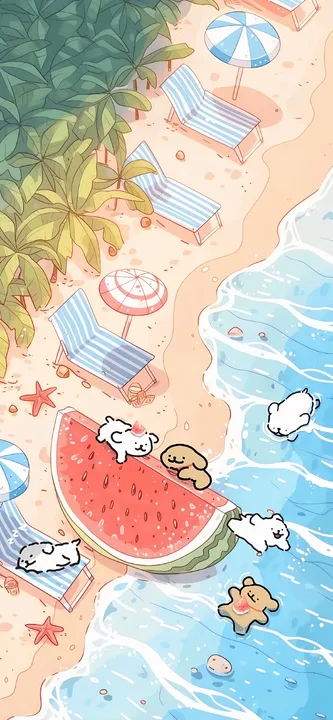 Dogs on a watermelon at the beach