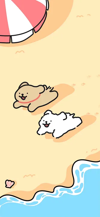 Dogs on beach with umbrella