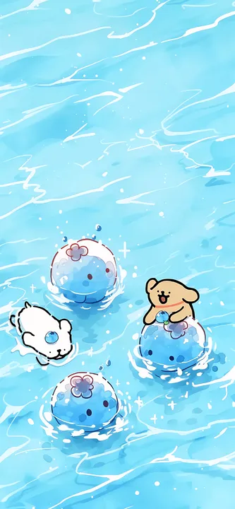 Dogs on blue balls in water